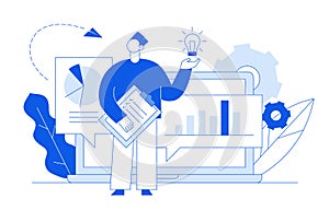 Vector flat line style business and finance design concept with big modern people, man holding idea light bulb.