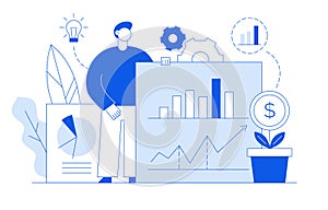 Vector flat line style business and finance design concept with big modern person holding financial graphs.