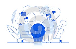 Vector flat line style business teamwork and idea design concept with big modern people, light bulb.