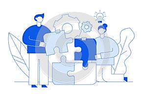 Vector flat line style business teamwork and idea design concept with big modern people, light bulb, puzzle parts.