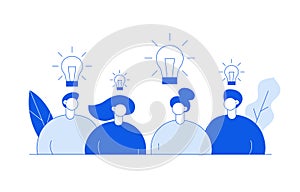 Vector flat line style business teamwork and idea design concept with big modern people, light bulbs, leaves.