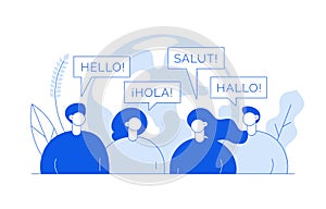 Vector flat line translation concept of big modern people,speaking different languages.