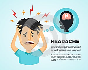 Vector flat man with a headache, compassion fatigue, a with a disease of the head, an office worker holding his head with his hand