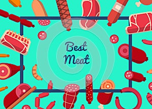 Vector flat meat and sausages icons background with place for text illustration