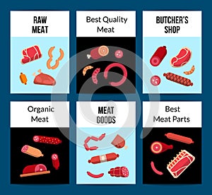 Vector flat meat and sausages icons card or flyer template illustration