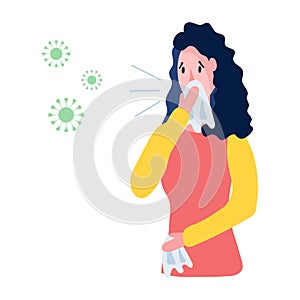Vector flat medical illustration. Woman feeling unwell, sneezing and coronavirus icons are flying in air near her head