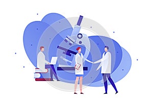 Vector flat medical science character illustration. Scientist team with microscope and laptop. Concept of chemistry, physics,