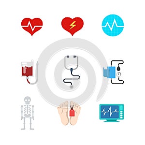 Vector flat medical web icons: hospital patient life death blood
