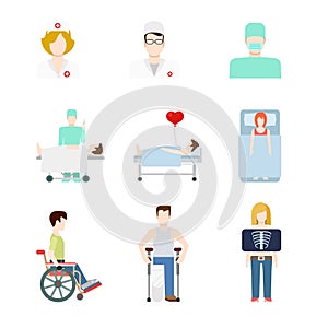 Vector flat medical web icons: hospital patient x-ray doc nurse