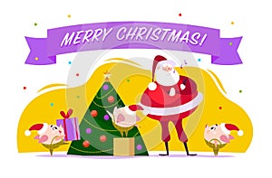 Vector flat Merry Christmas illustration with Santa Claus, cute pig elf decorate New year fir tree, xmas holiday congratulation is
