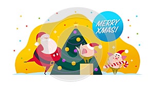 Vector flat Merry Christmas illustration with Santa Claus, cute pig elf decorate New year fir tree, xmas holiday congratulation is