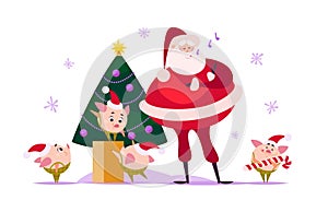 Vector flat Merry Christmas illustration with Santa Claus, cute pig elf at decorated New year fir tree, xmas holiday congratulatio