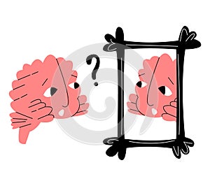 Vector flat metaphor abstract brain that looks at its reflection in mirror with surprise.