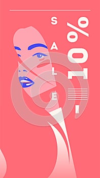Vector fashion portrait of a model girl. Retro trendy coral color stories template. Sale Banner 10 percent Off photo