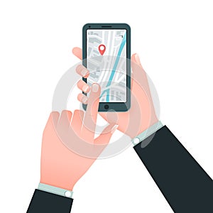 Vector flat mobile navigation concept. Hands holding smartphone with gps map