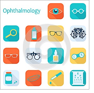 Vector flat optometry icon set with long shadow. Optician, ophthalmology, vision correction, eye test, eye care, eye