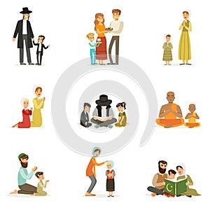 Vector flat people characters of different religions set. Jews, Catholics, Muslims, Buddhists. Families in national