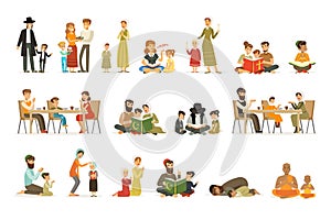 Vector flat people characters of different religions set. Jews, Catholics, Muslims, Buddhists. Families in national photo