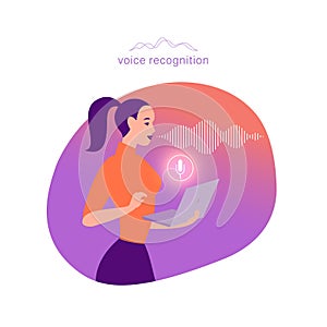 Vector flat personal online assistant illustration. Office girl with laptop microphone dynamic icon, sound waves.