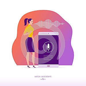 Vector flat personal online assistant illustration. Office girl with smartphone microphone dynamic icon, sound waves.