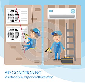 A vector flat picture specialists work with equipment. Installation or repair of air conditioner