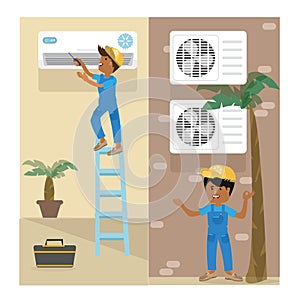 A vector flat picture specialists work with equipment. Installation or repair of air conditioner