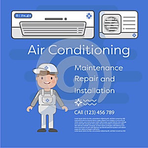 A vector flat picture specialists work with equipment. Installation or repair of air conditioner.