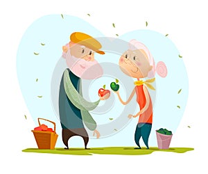 Vector flat portrait of old cute loving couple isolated on white background.