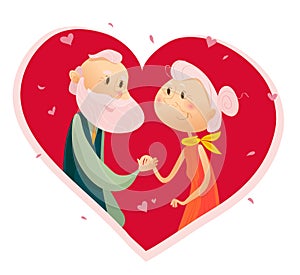 Vector flat portrait of old cute loving couple isolated on white background.