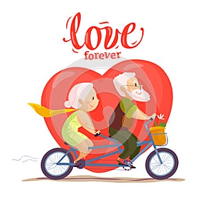 Vector flat portrait of old cute loving couple riding double bicycle.