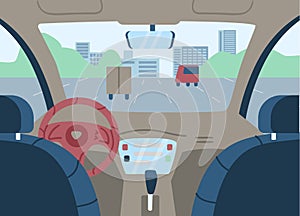 Vector flat poster with car interior, vehicle inside view, empty auto salon.