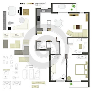 Vector flat projection with furniture. Set. Scale