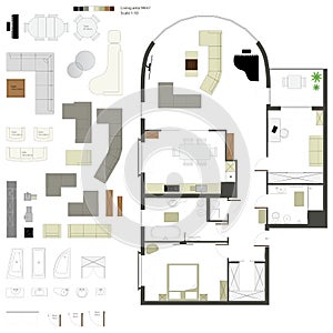 Vector flat projection with furniture. Set. Scale