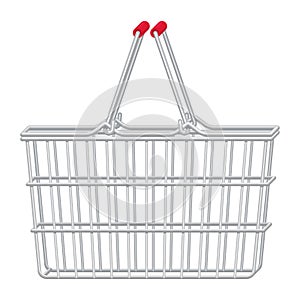 Vector flat realistic illustration of side view empty supermarket shopping basket. Metal shopping cart isolated on white