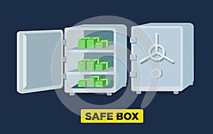 Vector flat safe boxes open and closed, locked with code lock, empty safe box. Isometric view.