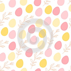 Vector flat seamless background with easter hand drawn decorative elements- egg and floral branch - isolated on white background.