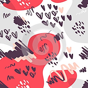 Vector flat seamless pattern with abstract artistic hand drawn doodle elements isolated - dots, color spots, hearts, lines.