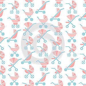 Vector flat seamless pattern with baby carriages