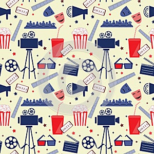 Vector flat seamless pattern with cinema attributes. photo