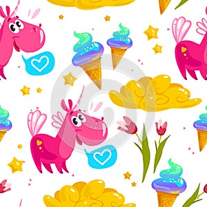 Vector flat seamless pattern with cute unicorn, stars, ice cream cone, magic cloud, spring tulip flower and heart