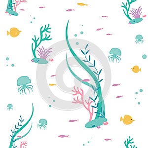 Vector flat seamless pattern of elements the underwater world. Illustration of deep tropical flora and fauna.