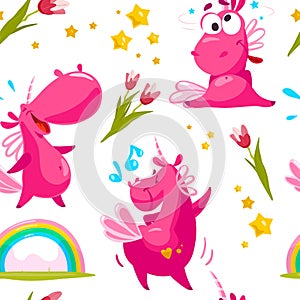 Vector flat seamless pattern with funny unicorn characters, stars, rainbow and spring tulip flower isolated on white background.