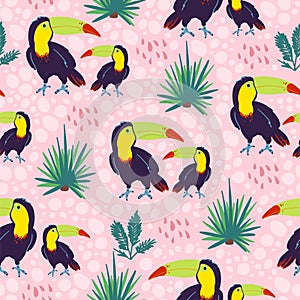 Vector flat seamless pattern with hand drawn exotic tropical toucan birds and floral wild nature elements isolated on pink backgro