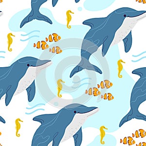 Vector flat seamless pattern with hand drawn marine animals, clown fish, seahorse, dolphin, water isolated on white background.