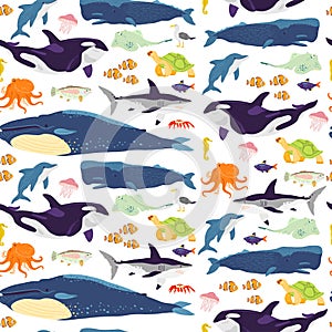 Vector flat seamless pattern with hand drawn marine animals, fish, amphibia isolated on white background.