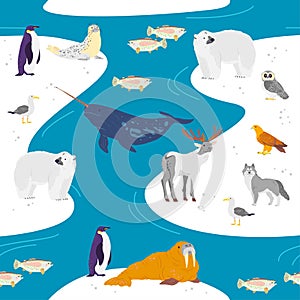 Vector flat seamless pattern with hand drawn north animals, fish, birds, water isolated on winter landscape.