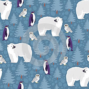 Vector flat seamless pattern with hand drawn north animals: polar bear, owl, penguin, fir tree isolated on winter landscape.