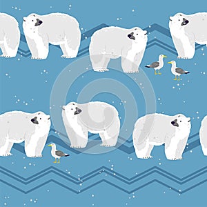 Vector flat seamless pattern with hand drawn north polar bear animals, snow, seagull, mountains on winter landscape.