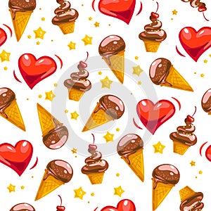 Vector flat seamless pattern with sweet ice cream cones, hearts and star shape isolated on white background