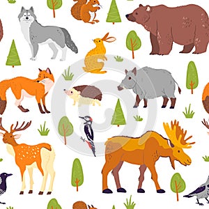 Vector flat seamless pattern with wild forest animals, birds and trees isolated on white background.